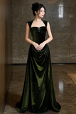 Emerald Green Velvet Evening Gown, Sleeveless Ruched Prom Party Dress HZ0509