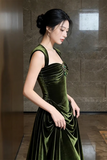 Emerald Green Velvet Evening Gown, Sleeveless Ruched Prom Party Dress HZ0509