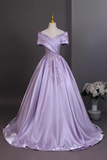 Lilac Satin Prom Dress Off The Shoulder Ball Gown HZ0509