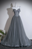 Line Sweetheart Neck Tulle Sweep Train Gray Prom Dress with Beads HZ0509