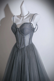 Line Sweetheart Neck Tulle Sweep Train Gray Prom Dress with Beads HZ0509