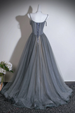 Line Sweetheart Neck Tulle Sweep Train Gray Prom Dress with Beads HZ0509