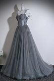 Line Sweetheart Neck Tulle Sweep Train Gray Prom Dress with Beads HZ0509