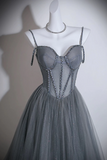 Line Sweetheart Neck Tulle Sweep Train Gray Prom Dress with Beads HZ0509