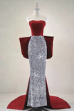 Velvet Sequin Sweep Train Burgundy Prom Dress with Bow HZ0509
