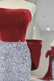 Velvet Sequin Sweep Train Burgundy Prom Dress with Bow HZ0509