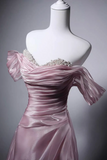 Line Sweetheart Neck Off Shoulder Pink Long Prom Dress with Beads HZ0509