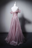 Line Sweetheart Neck Off Shoulder Pink Long Prom Dress with Beads HZ0509