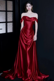 Red A Line Ruch Satin Prom Party Dress, Off Shoulder Evening Dress HZ0509