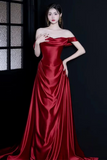 Red A Line Ruch Satin Prom Party Dress, Off Shoulder Evening Dress HZ0509
