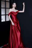Red A Line Ruch Satin Prom Party Dress, Off Shoulder Evening Dress HZ0509