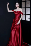 Red A Line Ruch Satin Prom Party Dress, Off Shoulder Evening Dress HZ0509