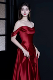 Red A Line Ruch Satin Prom Party Dress, Off Shoulder Evening Dress HZ0509
