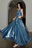 Line Blue V Neck Floor Length Backless Long Prom Dress HZ0509