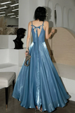 Line Blue V Neck Floor Length Backless Long Prom Dress HZ0509