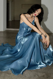 Line Blue V Neck Floor Length Backless Long Prom Dress HZ0509