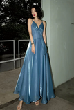 Line Blue V Neck Floor Length Backless Long Prom Dress HZ0509