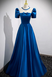 Sleeves Peacock Blue Satin Long Prom Dresses, Formal Evening Dresses HZ0509
