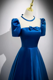 Sleeves Peacock Blue Satin Long Prom Dresses, Formal Evening Dresses HZ0509