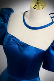 Sleeves Peacock Blue Satin Long Prom Dresses, Formal Evening Dresses HZ0509