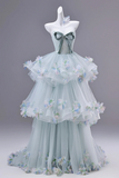 Mint Green Floral Tulle Prom Dress with Tiered Skirt HZ0509