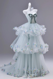 Mint Green Floral Tulle Prom Dress with Tiered Skirt HZ0509