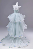 Mint Green Floral Tulle Prom Dress with Tiered Skirt HZ0509