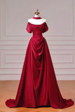 Line Spoon Neck off Shoulder Sweep Train Burgundy Long Prom Dress HZ0509