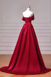 Line Spoon Neck off Shoulder Sweep Train Burgundy Long Prom Dress HZ0509