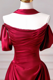 Line Spoon Neck off Shoulder Sweep Train Burgundy Long Prom Dress HZ0509
