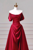 Line Spoon Neck off Shoulder Sweep Train Burgundy Long Prom Dress HZ0509