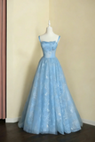 Line Light Blue Tulle and Lace Straps Party Dress, Floor Length Prom Dress HZ0509