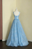 Line Light Blue Tulle and Lace Straps Party Dress, Floor Length Prom Dress HZ0509
