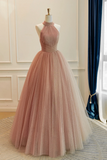 Pink Halter Prom Dress Glitter Tulle A Line Evening Gown HZ0509