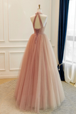 Pink Halter Prom Dress Glitter Tulle A Line Evening Gown HZ0509