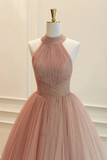 Pink Halter Prom Dress Glitter Tulle A Line Evening Gown HZ0509