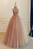 Pink Halter Prom Dress Glitter Tulle A Line Evening Gown HZ0509