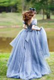 Sleeves Light Blue Tulle Long Prom Dresses, Formal Dresses HZ0509