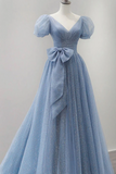 Sleeves Light Blue Tulle Long Prom Dresses, Formal Dresses HZ0509
