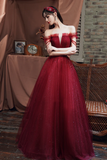 Tulle Long A Line Beaded Prom Dress, Off the Shoulder Evening Party Dress HZ0509
