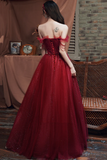 Tulle Long A Line Beaded Prom Dress, Off the Shoulder Evening Party Dress HZ0509