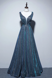 Line V Neck Blue Long Prom Dress, Blue Formal Dresses HZ0509