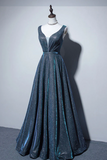 Line V Neck Blue Long Prom Dress, Blue Formal Dresses HZ0509