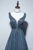 Line V Neck Blue Long Prom Dress, Blue Formal Dresses HZ0509