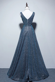 Line V Neck Blue Long Prom Dress, Blue Formal Dresses HZ0509