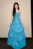 Line Sweetheart Taffeta Floor Length Blue Prom Dress with Beads HZ0509