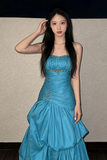 Line Sweetheart Taffeta Floor Length Blue Prom Dress with Beads HZ0509