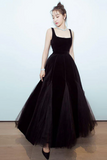 Velvet Tulle Tea Length Prom Dress, Black Evening Dress HZ0509