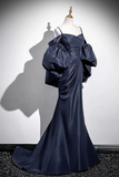 Line V Neck Satin Puff Sleeves Sweep Train Dark Blue Prom Dress HZ0509