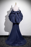 Line V Neck Satin Puff Sleeves Sweep Train Dark Blue Prom Dress HZ0509